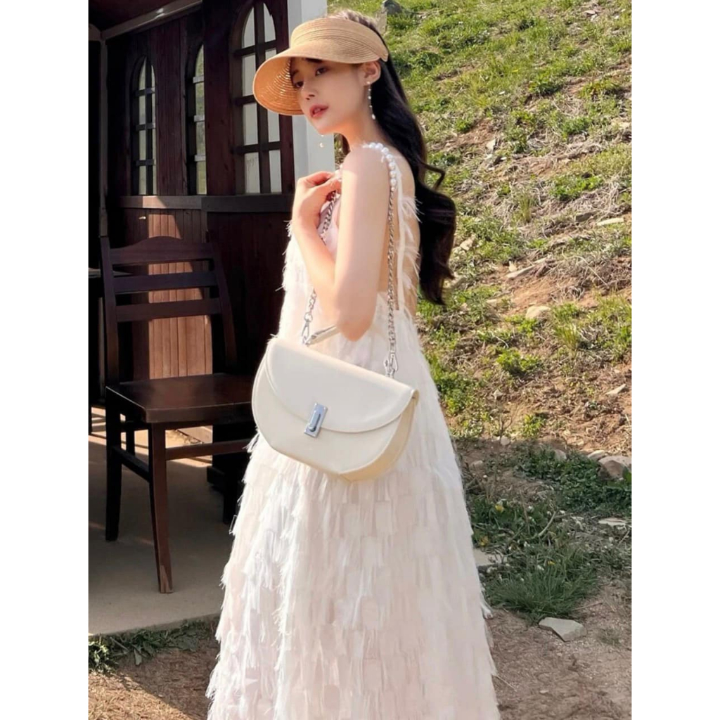 Đầm midi 2s trắng voan lông cao cấp NÀNG CLOSET