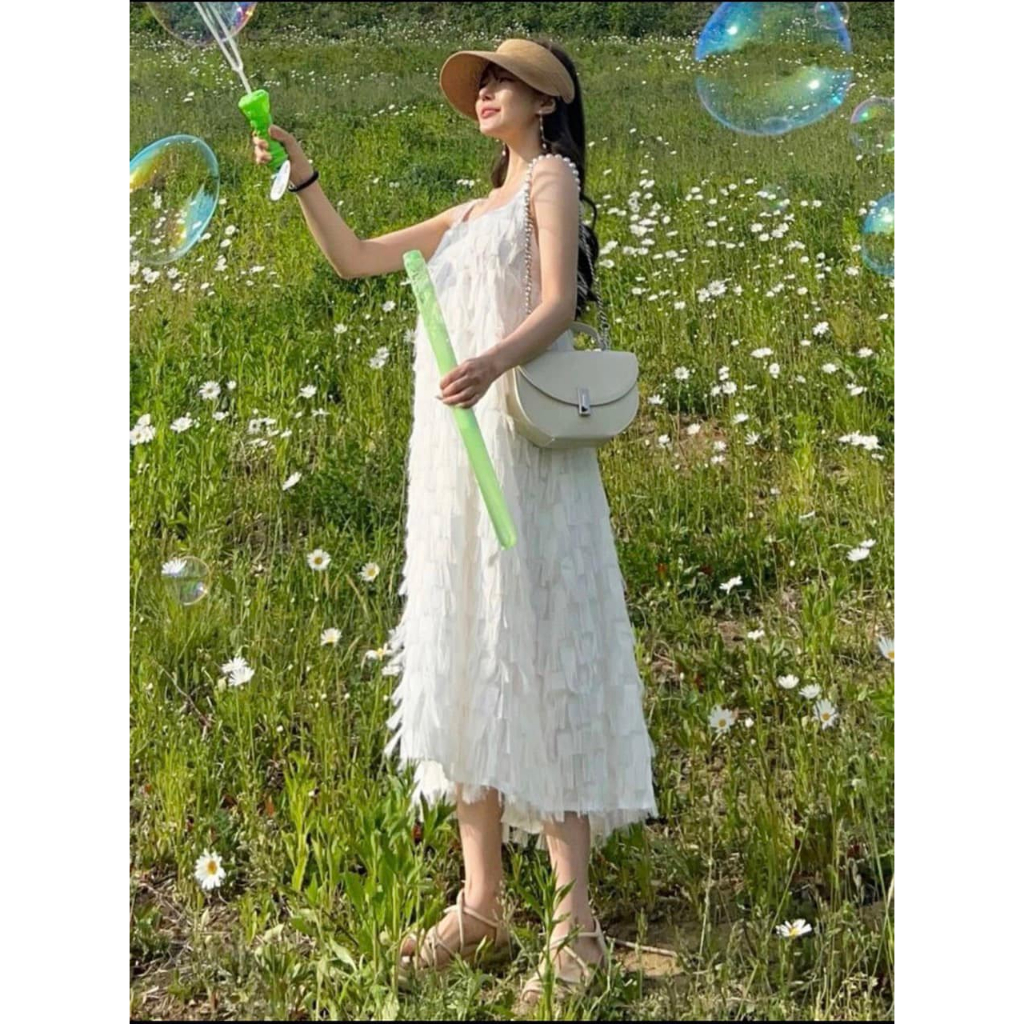 Đầm midi 2s trắng voan lông cao cấp NÀNG CLOSET