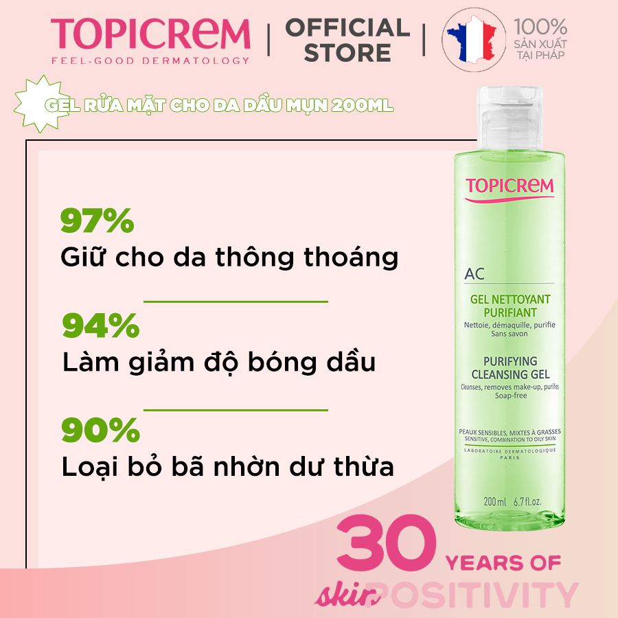 Gel rửa mặt không chứa xà phòng giúp làm sạch nhẹ nhàng và loại bỏ dầu nhờn - TOPICREM AC Purifying Cleansing Gel 200ml