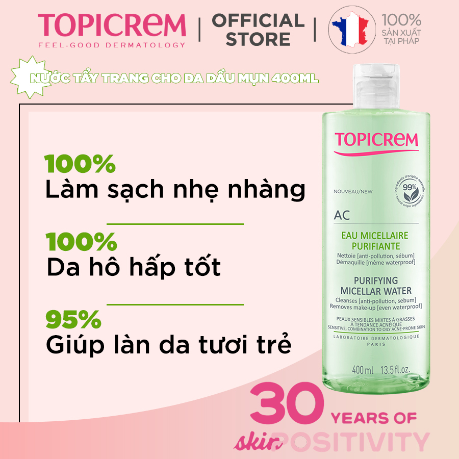 Nước tẩy trang dành cho da dầu mụn TOPICREM AC PURIFYING MICELLAR WATER 400ml