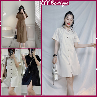 Váy sơ mi nữ chiết eo lưng chun cộc tay, đầm sơ mi freesize basic chất thô LYY BOUTIQUE