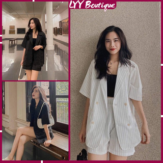 Set Đồ Nữ Áo Blazer Kèm Quần Short Kẻ Sọc Dáng Rộng, Bộ Vest Nữ Kẻ Sọc Lyy Boutique