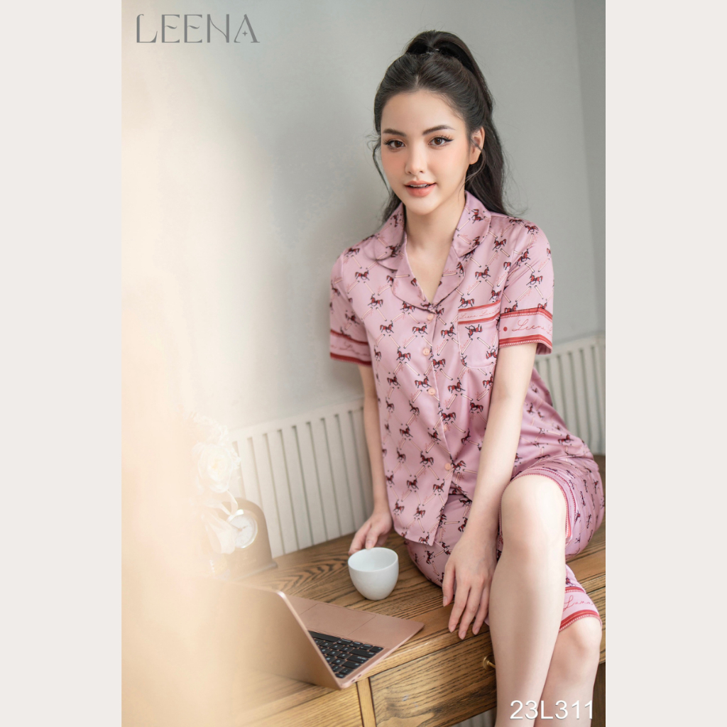 Bộ Ngủ Lửng Chất Liệu Lụa Tơ Cao Cấp Đồ Bộ Mặc Nhà Áo Cộc Họa Mềm Mịn Mát Dáng Pijama Thiết Kế Leena Homwear 23L308-11