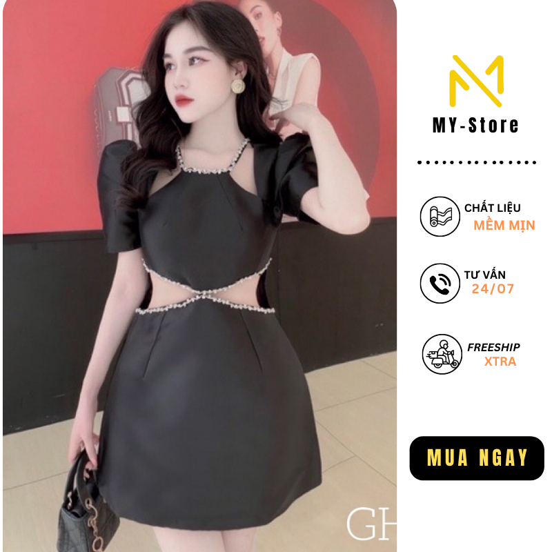 Đầm dự tiệc, váy nữ thiết kế sang chảnh khoét eo đính đá chất liệu Tafta cao cấp - TK231