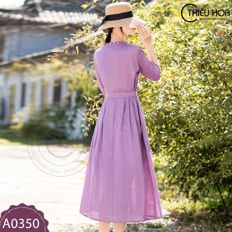 Đầm Trung Niên thiết kế sang trọng cho mẹ, chất liệu linen cao cấp Thương hiệu Thiều Hoa A0350