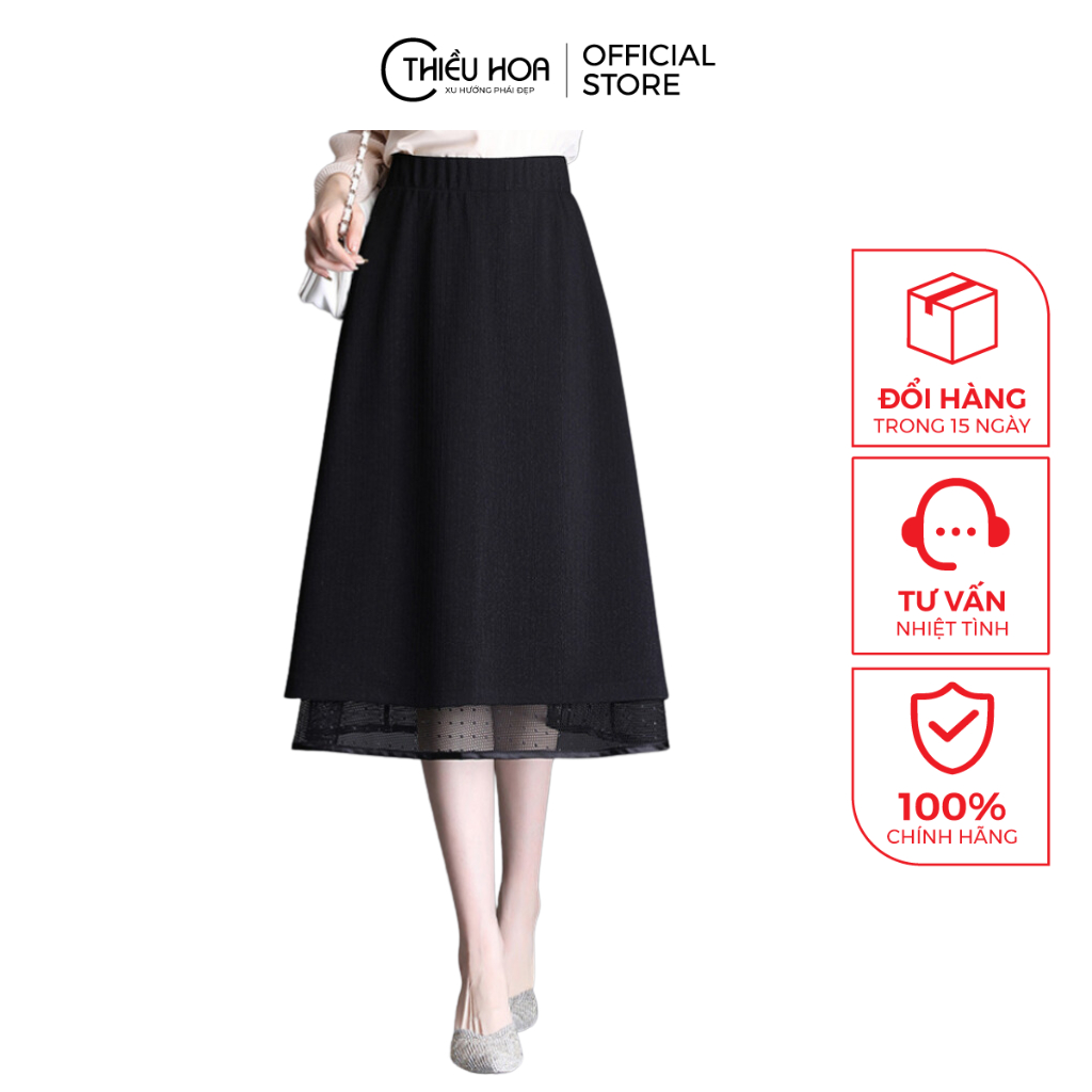 Chân váy nữ cho trung niên chất liệu tuyết thun phối ren trang nhã Thương hiệu Thiều Hoa V106