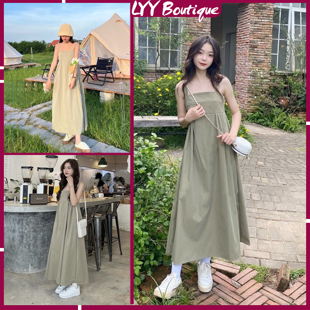 Váy 2 dây bản to dáng dài xếp ly lưng chun, đầm baby doll xếp ly ngực phong cách Hàn Quốc LYY BOUTIQUE