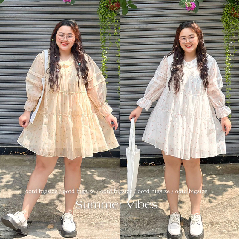 OOTD BIGSIZE | Đầm babydoll voan hoa tay dài