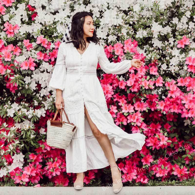 Váy maxi trắng phối ren phong cách boho