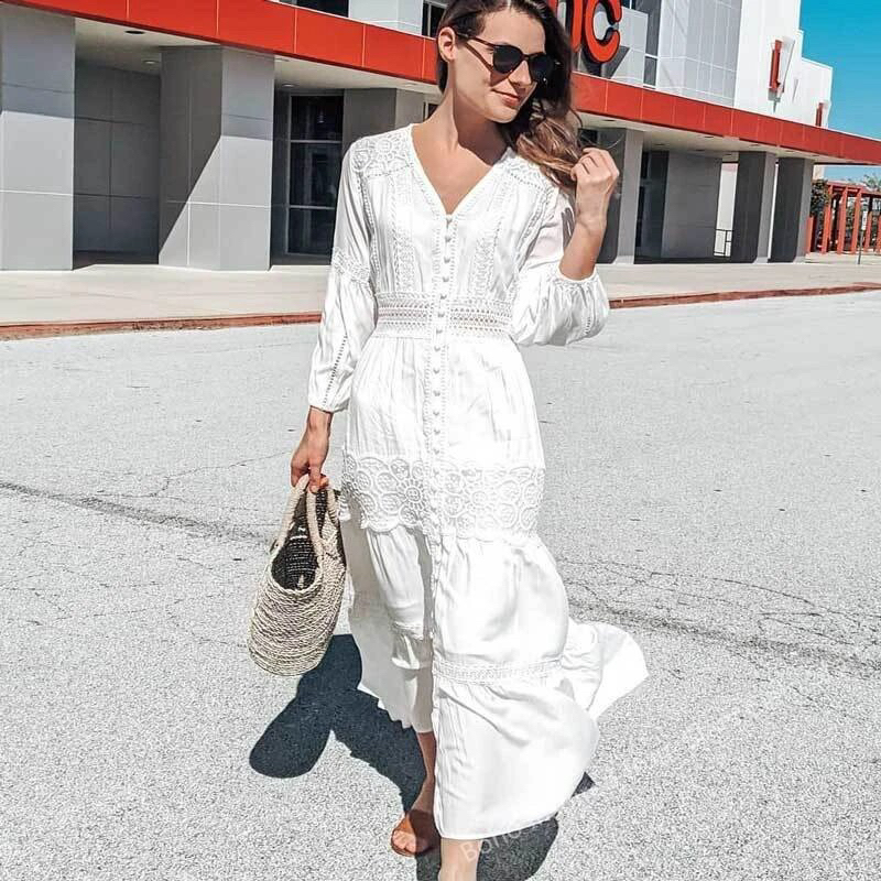 Váy maxi trắng phối ren phong cách boho
