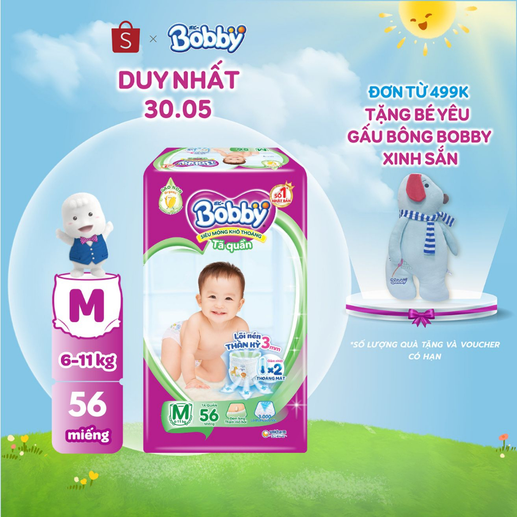 Tã quần Bobby Lõi nén thần kỳ 3mm Gạo non M56/L48/XL42/XXL38/XXXL29