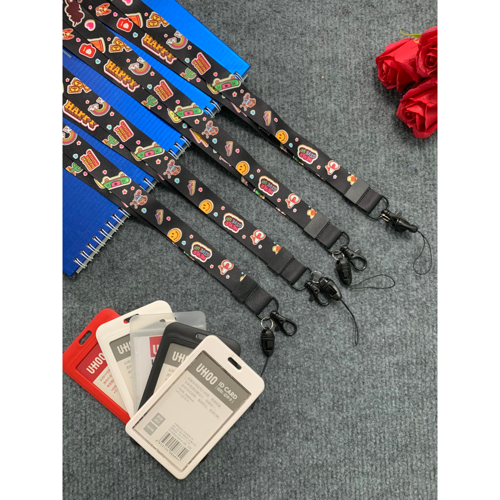 Dây đeo thẻ màu đen HAPPY, Dây đeo thẻ dễ thương, Bộ dây đeo thẻ Dễ thương