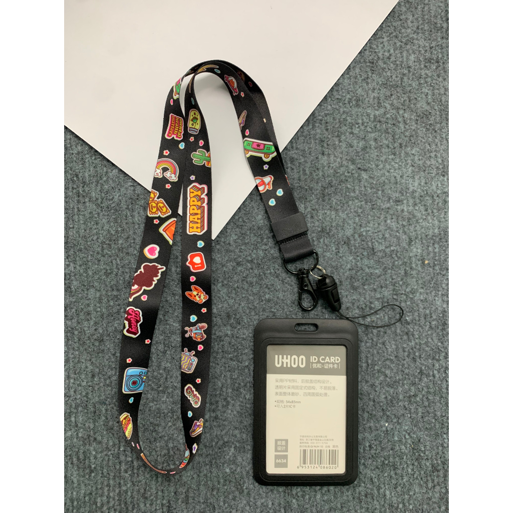 Dây đeo thẻ màu đen HAPPY, Dây đeo thẻ dễ thương, Bộ dây đeo thẻ Dễ thương