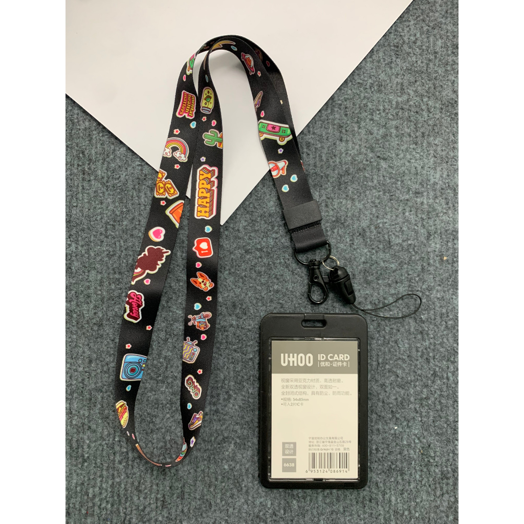 Dây đeo thẻ màu đen HAPPY, Dây đeo thẻ dễ thương, Bộ dây đeo thẻ Dễ thương