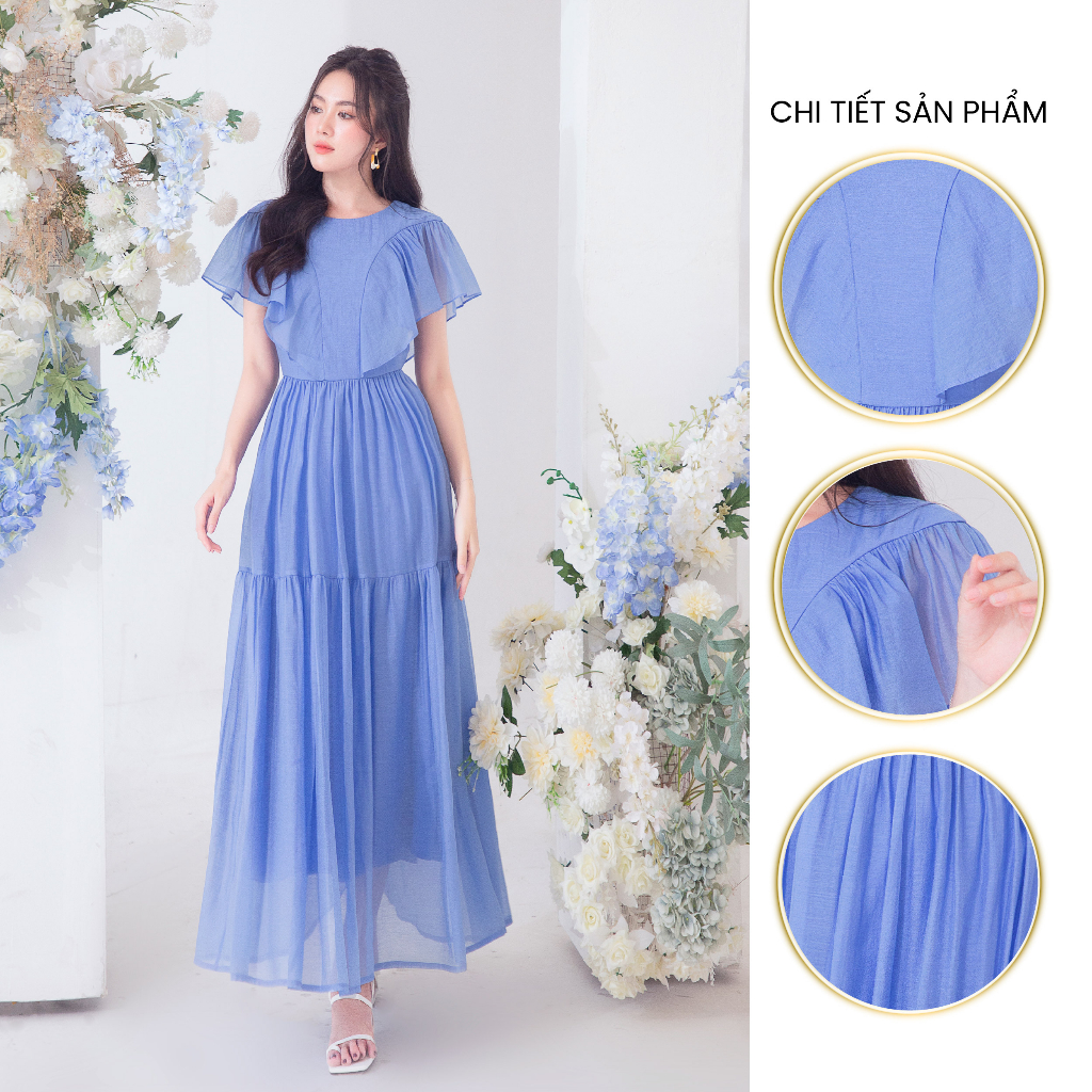 Đầm xòe cổ tròn tay bèo - Xanh 4038