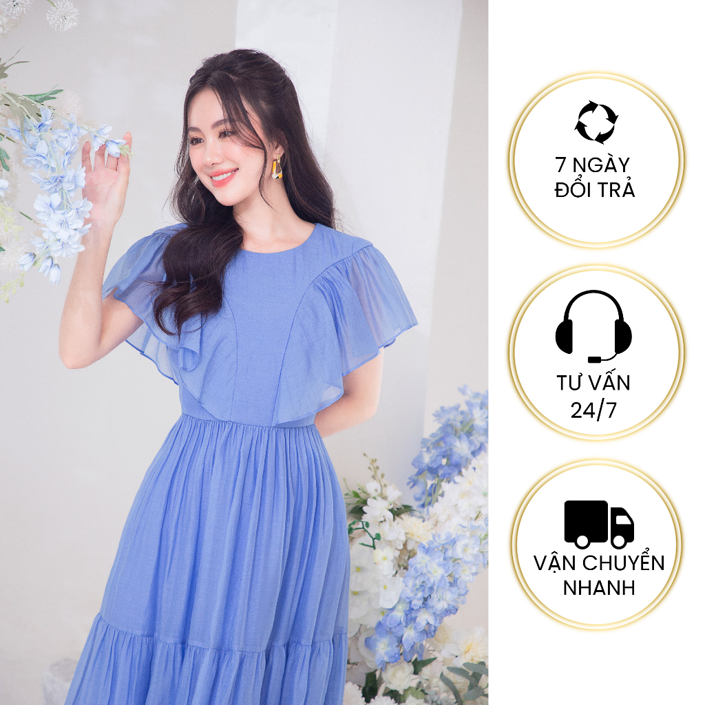 Đầm xòe cổ tròn tay bèo - Xanh 4038