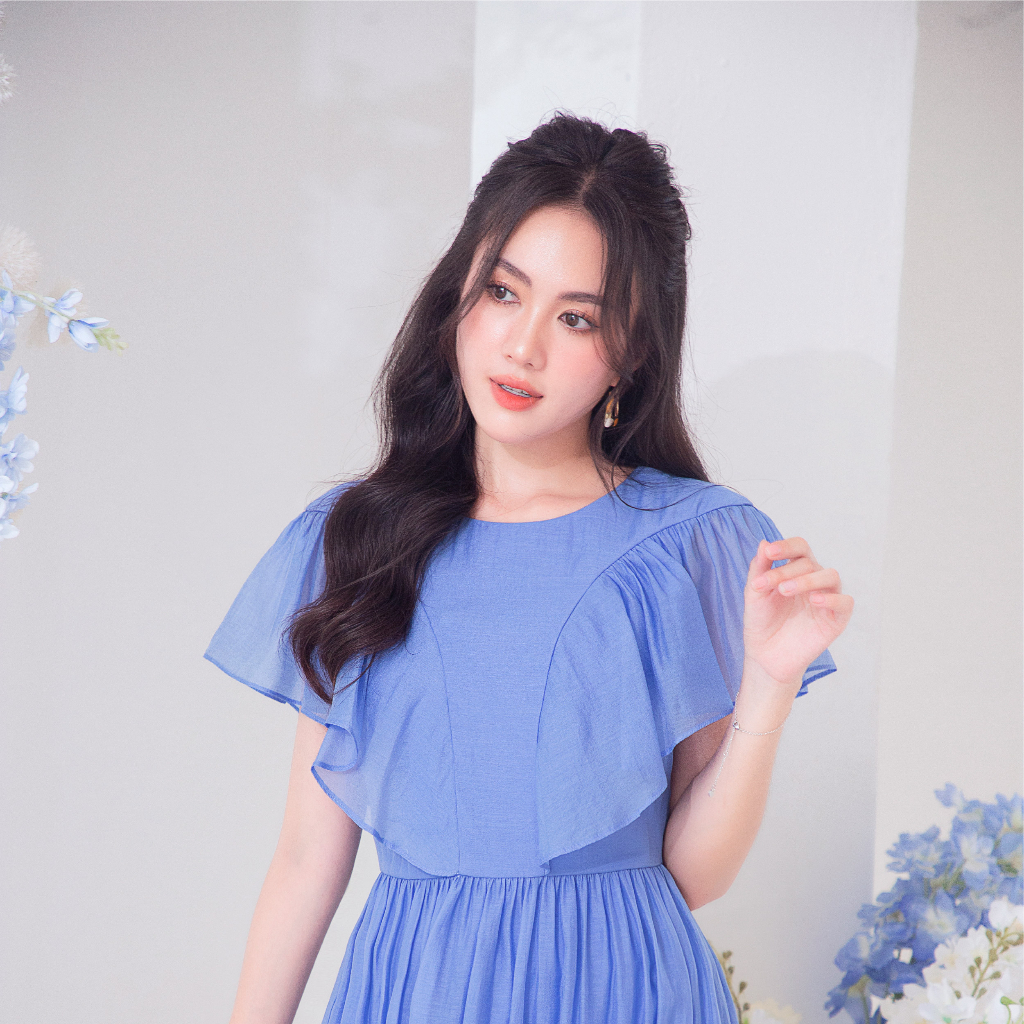 Đầm xòe cổ tròn tay bèo - Xanh 4038