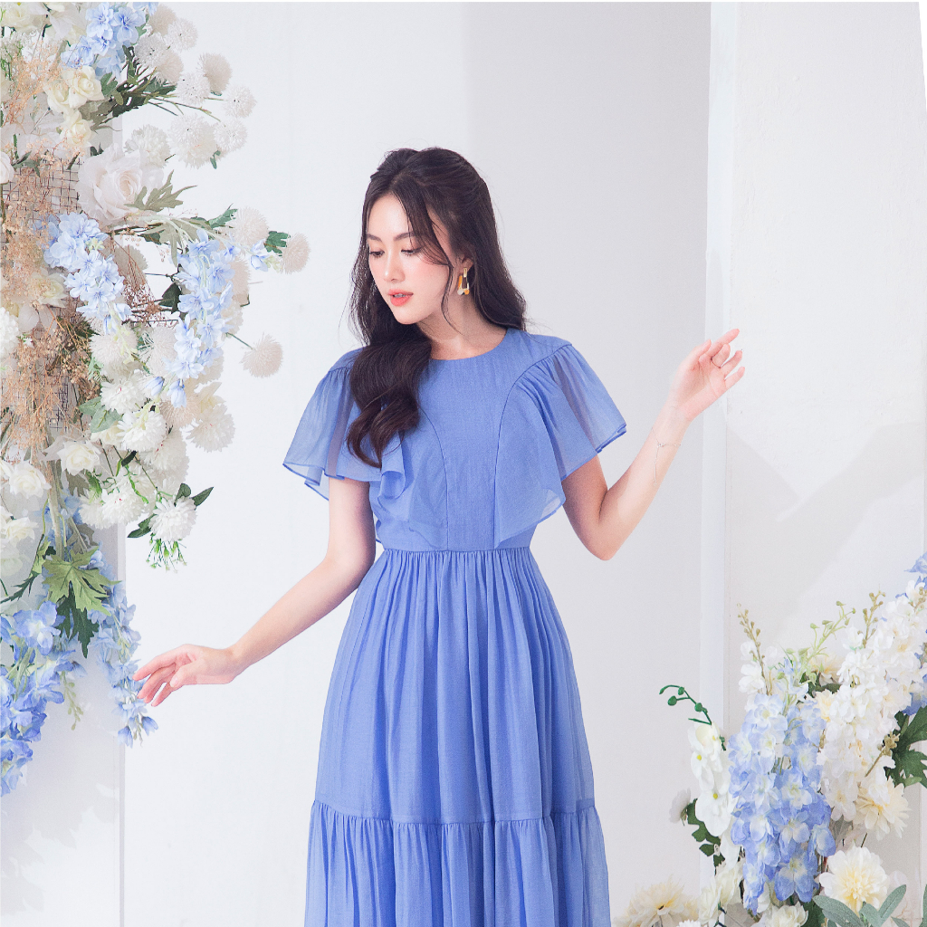 Đầm xòe cổ tròn tay bèo - Xanh 4038