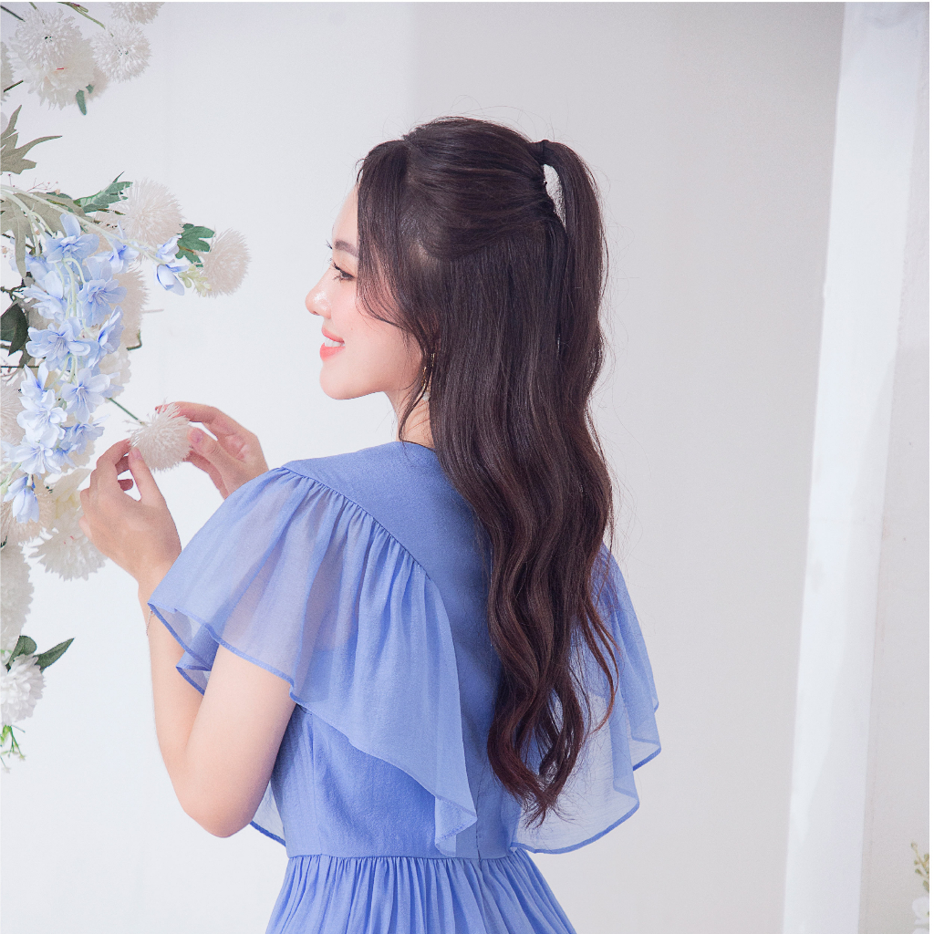 Đầm xòe cổ tròn tay bèo - Xanh 4038