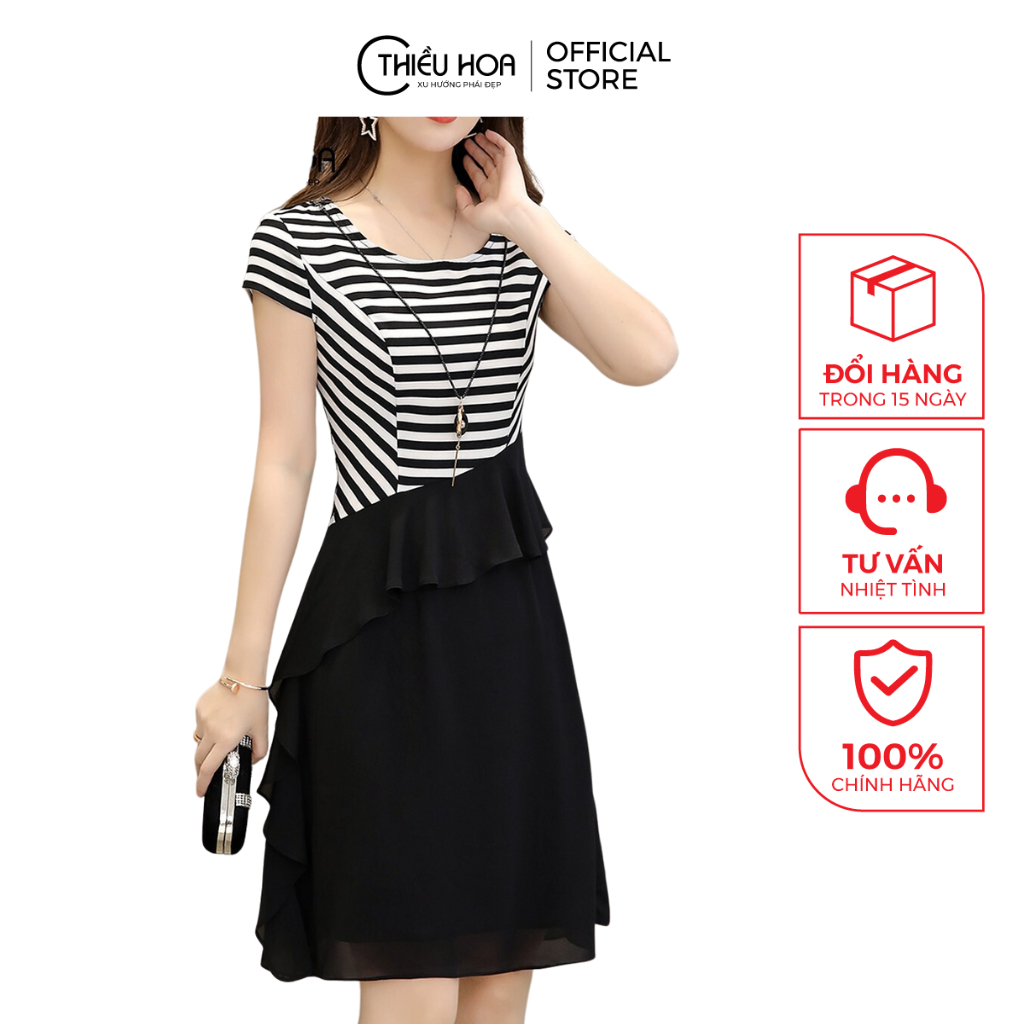 Đầm Trung Niên Tay Ngắn Thiều Hoa Chất Vải Thun Phối Voan Thoáng Mát, Thiết Kế Phần Eo Cách Điệu, Nhã Nhặn A0407