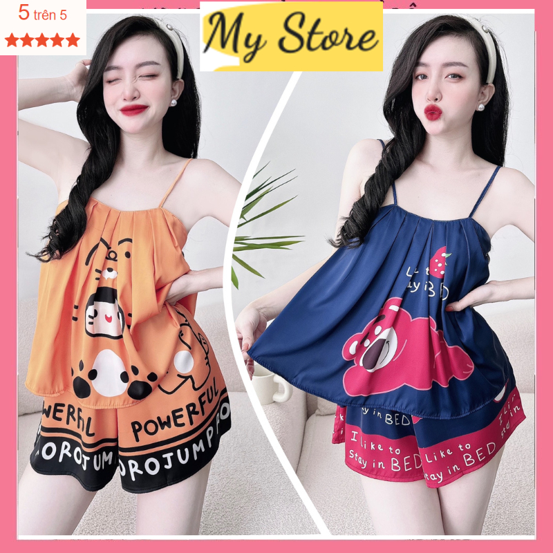 Đồ ngủ đùi 2 dây dễ thương, chất vải lụa latin in 3D loại 1 hàng thiết kế mịn mát, quyến rũ My Store_ Freesize dưới 60kg