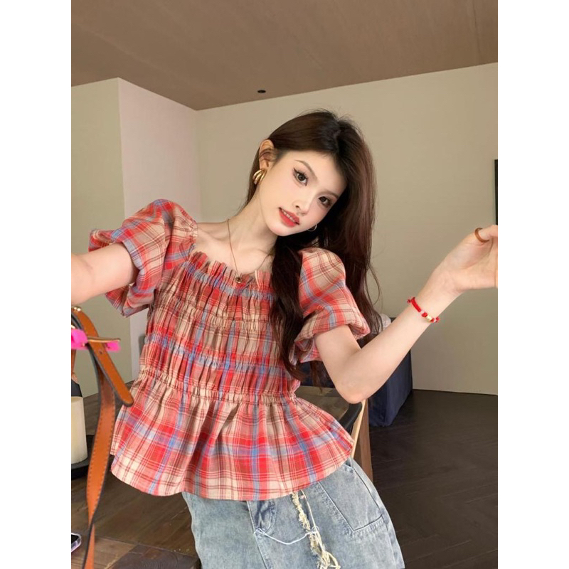 Áo Tiểu Thư Kẻ Đỏ Chun Ngực Có Bigsize Đến 86kg_Tcstore98
