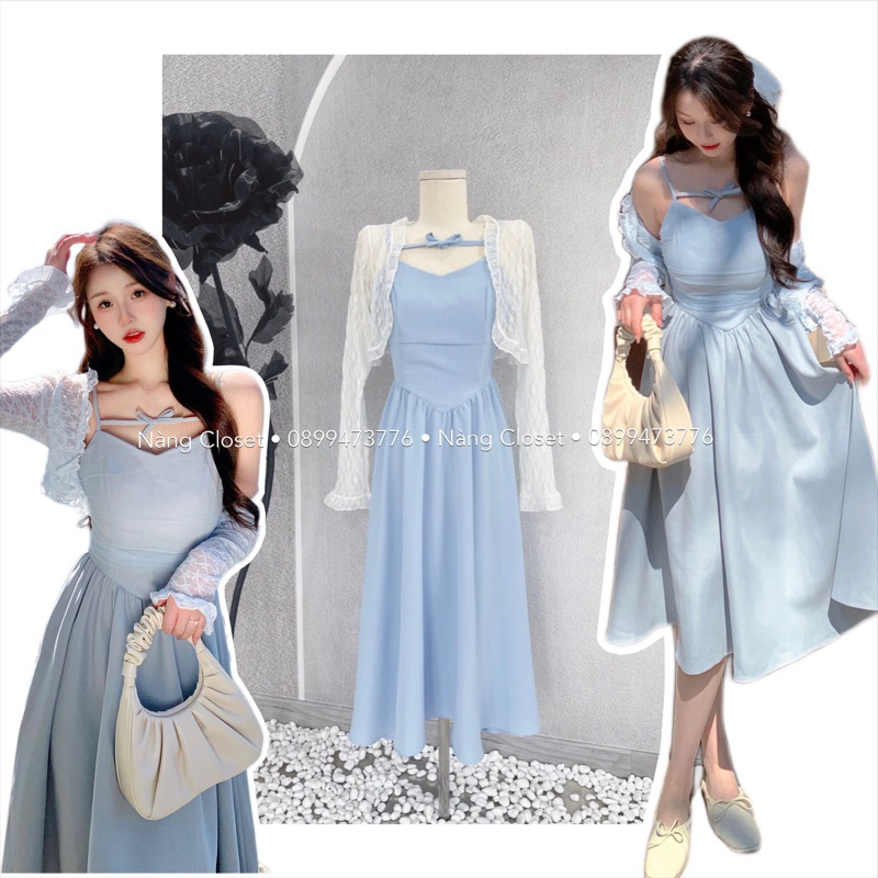 SET Đầm midi 2s xanh xòe kèm Áo khoác ren trắng NÀNG CLOSET