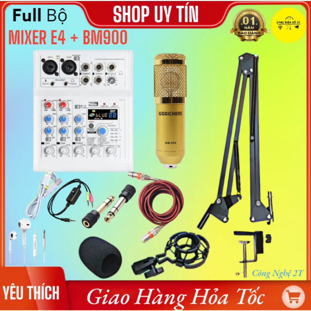 Combo bộ mic thu âm livestream mixer E4 + BM900 full phụ kiện
