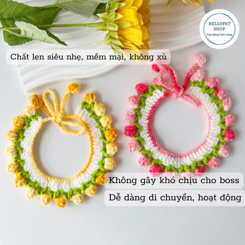 Vòng cổ cho chó mèo bằng len hình hoa tulip dễ thương HELLOPET, Vòng cổ đan len thủ công mềm mại cho thú cưng