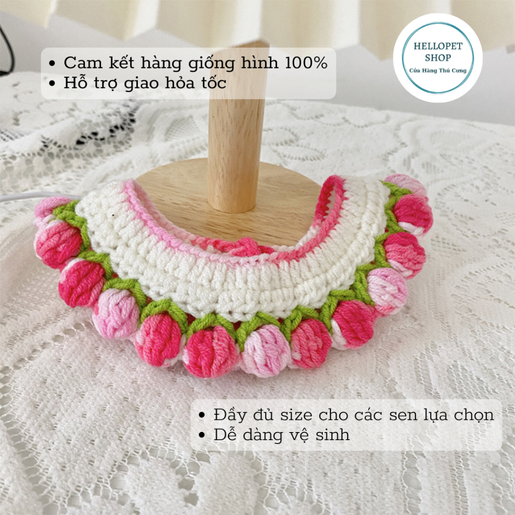 Vòng cổ cho chó mèo bằng len hình hoa tulip dễ thương HELLOPET, Vòng cổ đan len thủ công mềm mại cho thú cưng