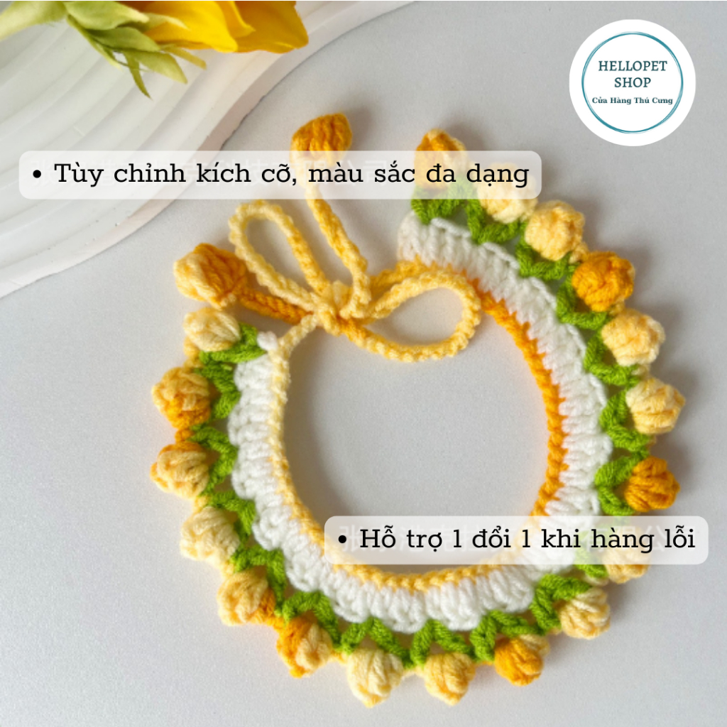 Vòng cổ cho chó mèo bằng len hình hoa tulip dễ thương HELLOPET, Vòng cổ đan len thủ công mềm mại cho thú cưng