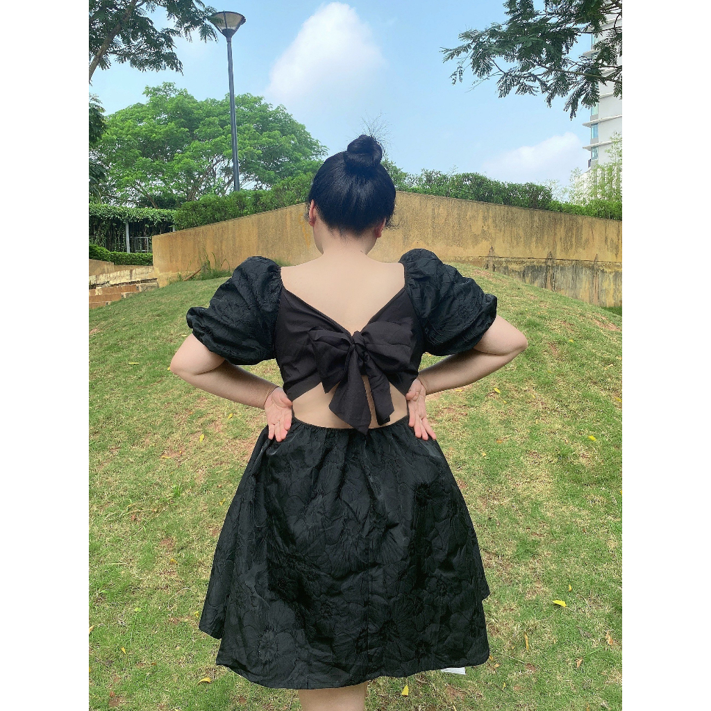 Váy BIGSIZE cộc tay dáng ngắn thắt nơ sau M8258 55-95KG