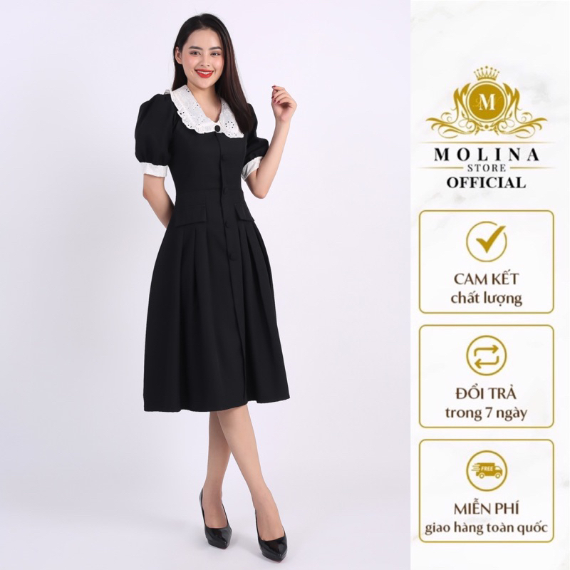 Váy Công Sở Nữ Molina Dáng Chữ A Xếp Ly Cổ Ren Cách Điệu Thanh Lịch Chất Kaki Lụa Cao Cấp
