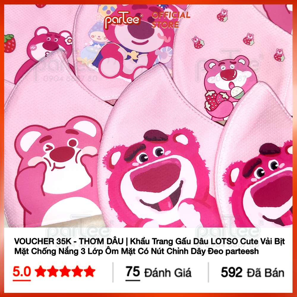 Đồng Giá 9K - Thơm Dâu | Khẩu Trang Gấu Dâu Lotso Cute Vải Bịt Mặt Chống Nắng 3 Lớp Ôm Mặt Có Nút Chỉnh Dây Đeo Parteesh