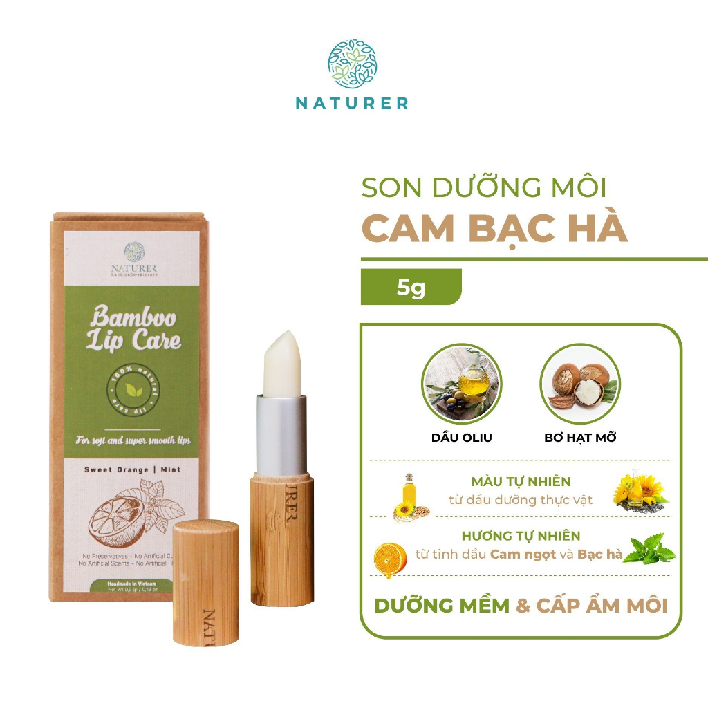 Son Dưỡng Ống Tre Khắc Tên Dưỡng Ẩm Và Bảo Vệ Môi Toàn Diện Cam Bạc Hà 𝗡𝗔𝗧𝗨𝗥𝗘𝗥 Peppermint Sweet Orange Lip Balm (5g)