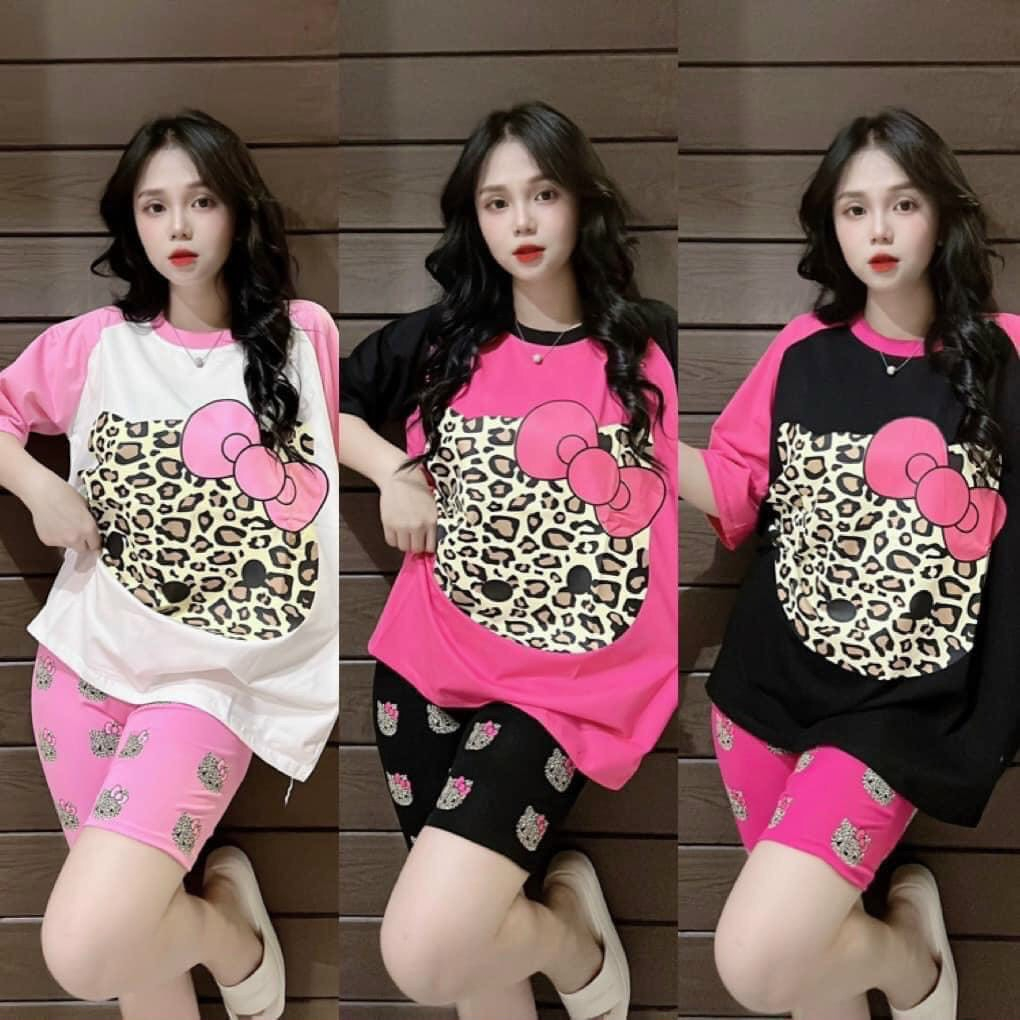 Set bộ họa tiết gấu da beo in siêu dễ thương, Set áo phông form rộng dấu quần phối màu mix cùng quần lửng legging ôm