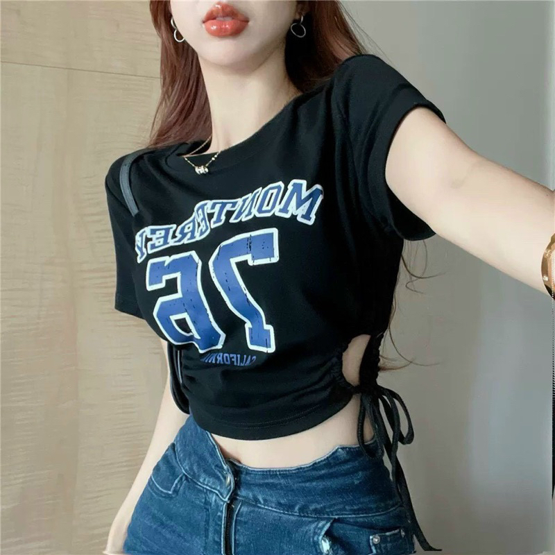 Áo Croptop Cổ Tròn Rút Eo Tôn Dáng Chất Thun Borzip Siêu đẹp