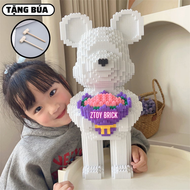 Đồ chơi lắp ráp Gấu Bearbrick Hồng ôm Hoa 48cm Mini Kèm Búa  cầm hoa Ghép Mô Hình 3D Đồ Chơi Thông Minh Cho Bé ZTOY