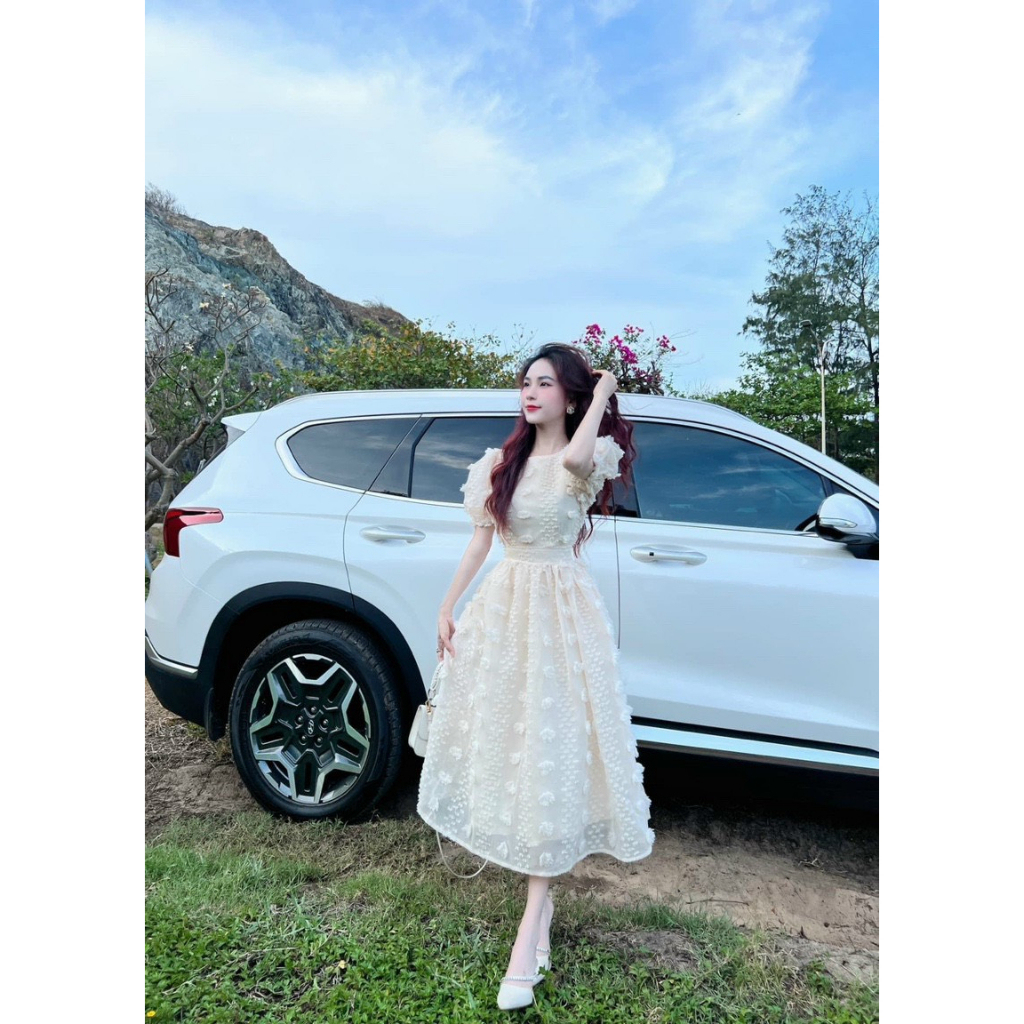 Đầm váy nữ tiểu thư tay phồng chất xô bông hai lớp với tone màu trắng nhẹ nhàng xinh xắn, Đầm nữ dáng tày cổ tròn