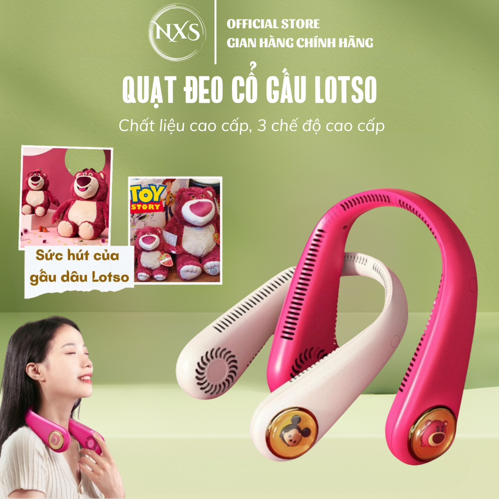 Quạt đeo cổ không cánh Gấu Dâu Losto, quạt treo cổ mini sạc pin tích điện 3 cấp độ gió êm ái không ồn, bảo hành 12 tháng