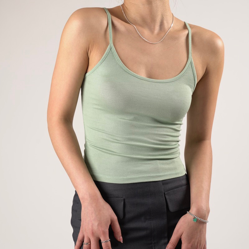 [Cao cấp] [Giá hủy diệt] [Ảnh thật] Áo thun cotton 2 dây màu xanh pastel / Original Bae Cami Top - M