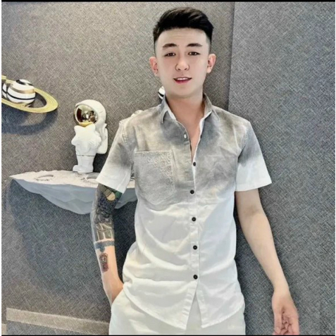 Áo Sơ Mi Nam Trắng ĐEN Phối Logo Tay Họa Tiết Cao Cấp Chuẩn Phom