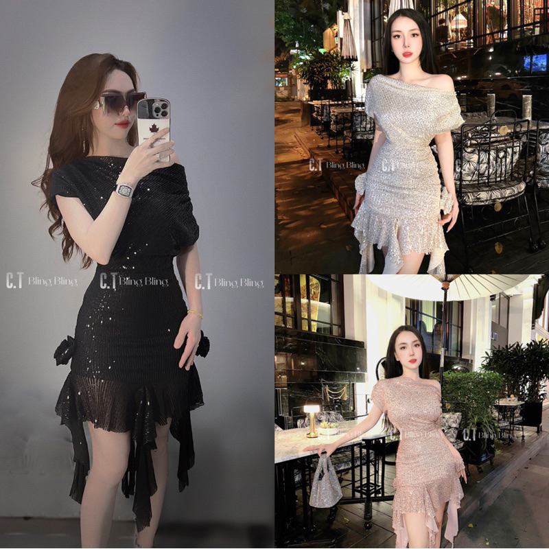 ĐẦM BLING BLING DỰ TIỆC BÈO TUA RUA LỆCH VAI
