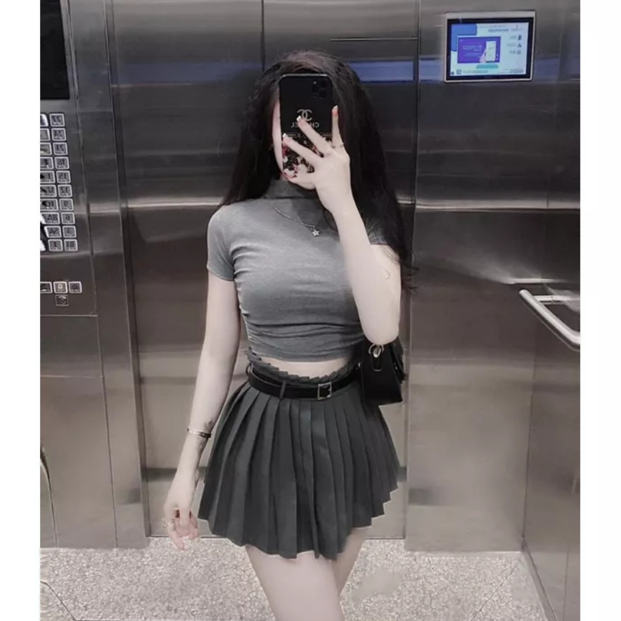 Váy Chữ A Xếp Ly 2 Lớp Giấu Quần ? Cạp Cao, Tôn Dáng, Ghi Xám [ Tặng Áo Thun Miễn Phí ] Cotton, A352