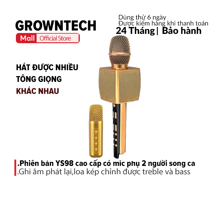 Mic karaoke bluetooth GrownTech cầm tay không dây YS 98 âm bass trầm ấm tích hợp song ca