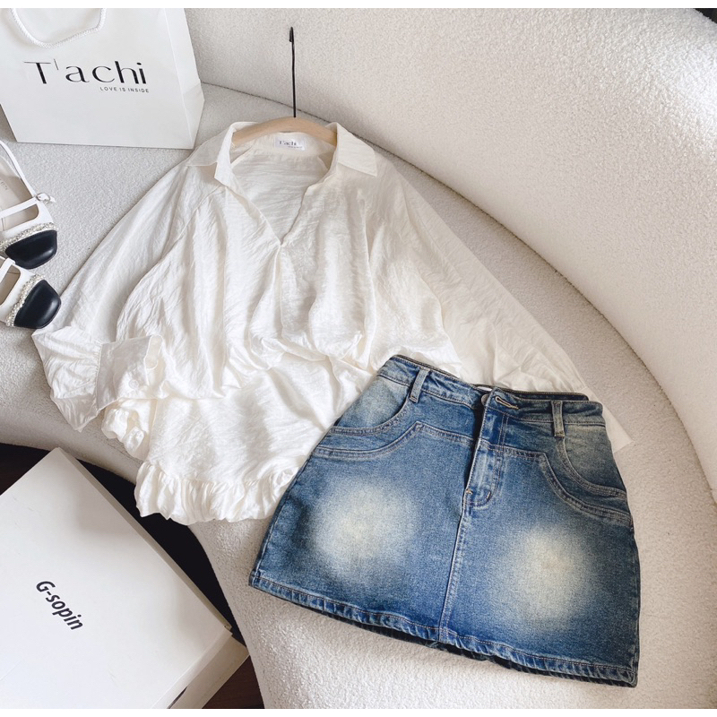 SET SƠ MI TRẮNG CỔ V TAY PHỒNG CHÂN VÁY JEAN