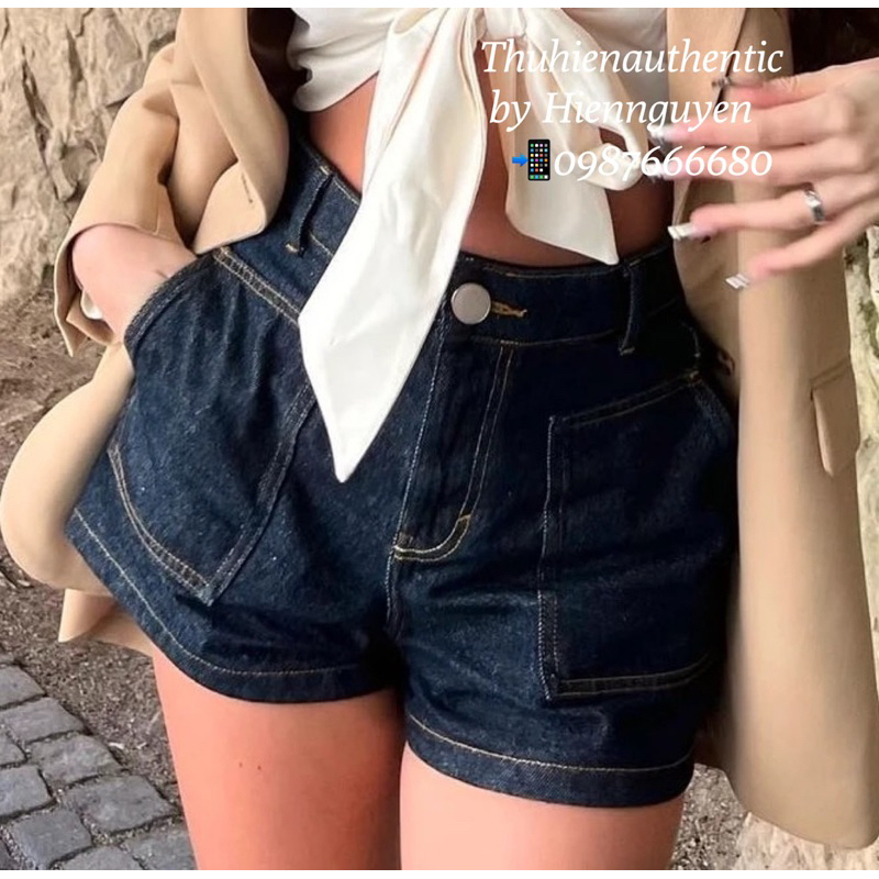 (Sẵn eo 64/72)Quần short jean xanh đậm cúc tròn ZARA chính hãng