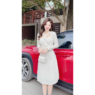 Đầm midi dài tay xoắn nơ cổ trẻ trung, sang chảnh ( freesize dưới 60kg )