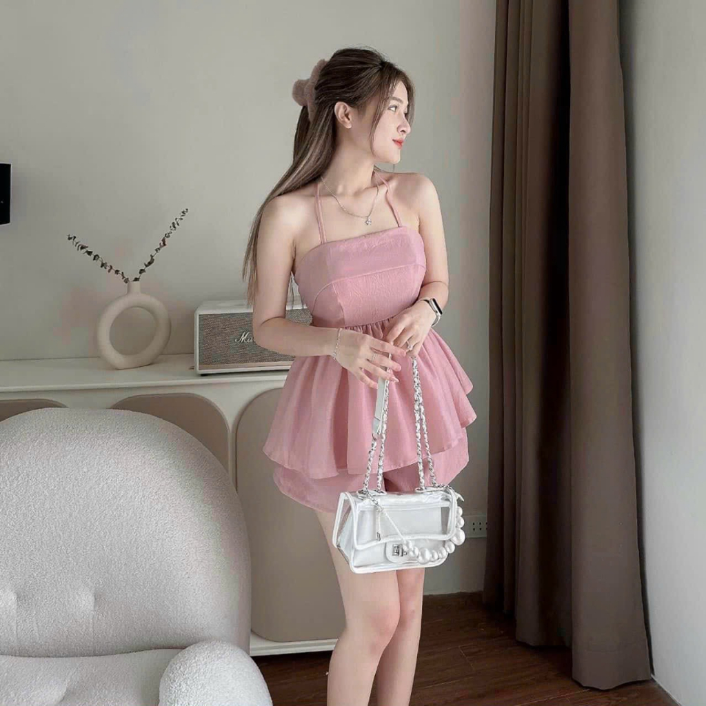 Sét bộ đồ nữ áo dây cổ yếm họa tiết hở lưng chạy moking cột nơ sau sang chảnh  mix quần duyên dáng có lót