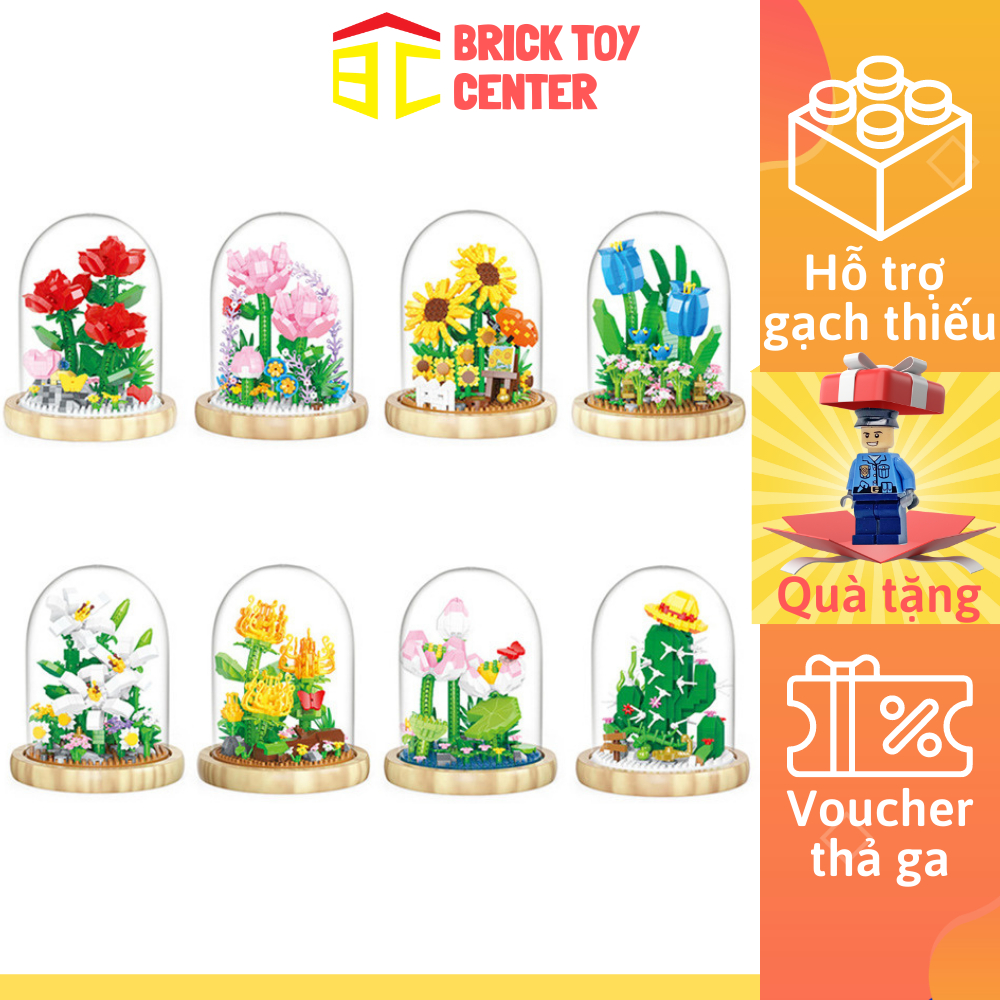Đồ chơi lắp ráp 3D mô hình hoa trong lồng kính kèm đế và lòng chụp trang trí quà tặng ý nghĩa